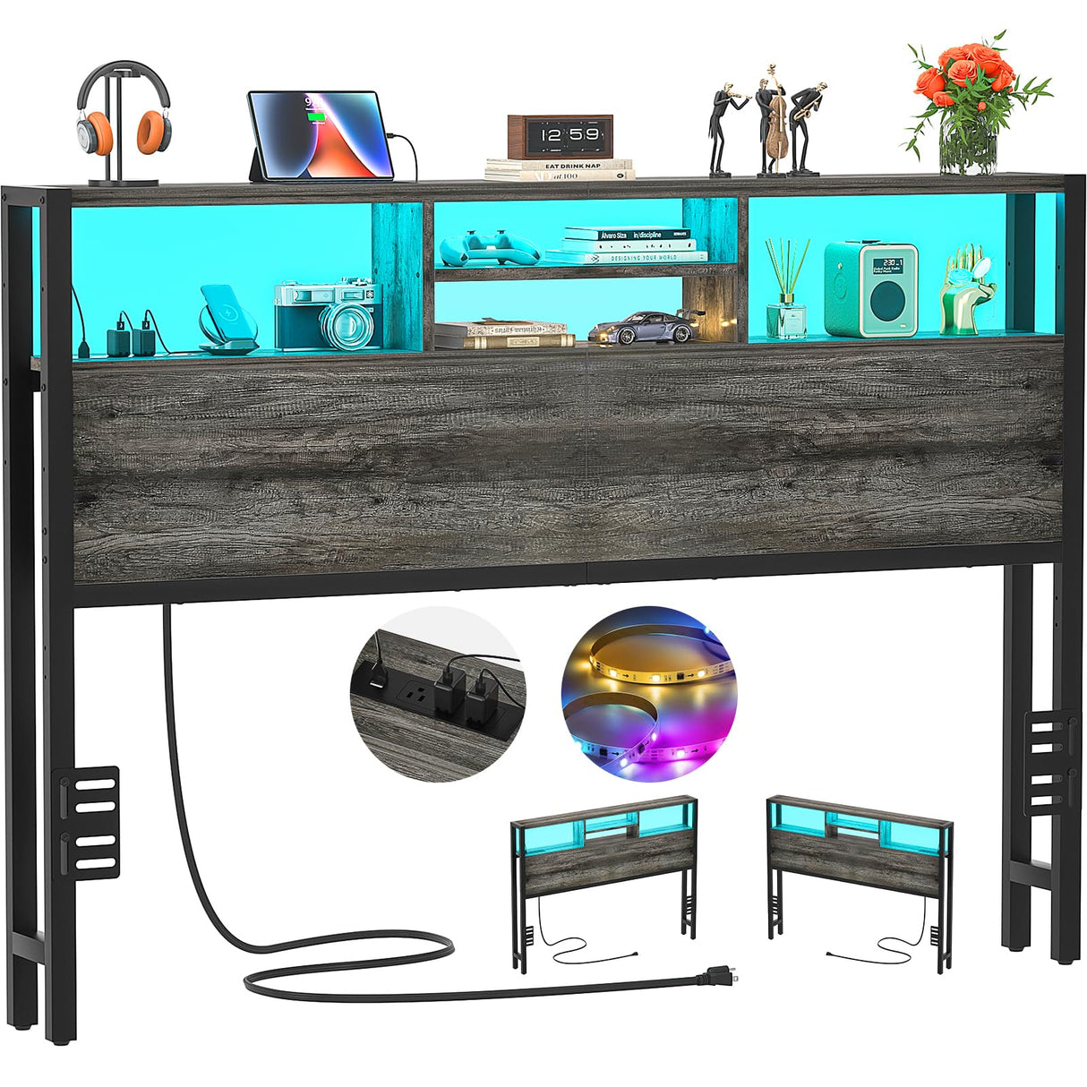 Aheaplus Queen Size Headboard with Storage, LED Lights & Charging Station - Black Oak Aheaplus