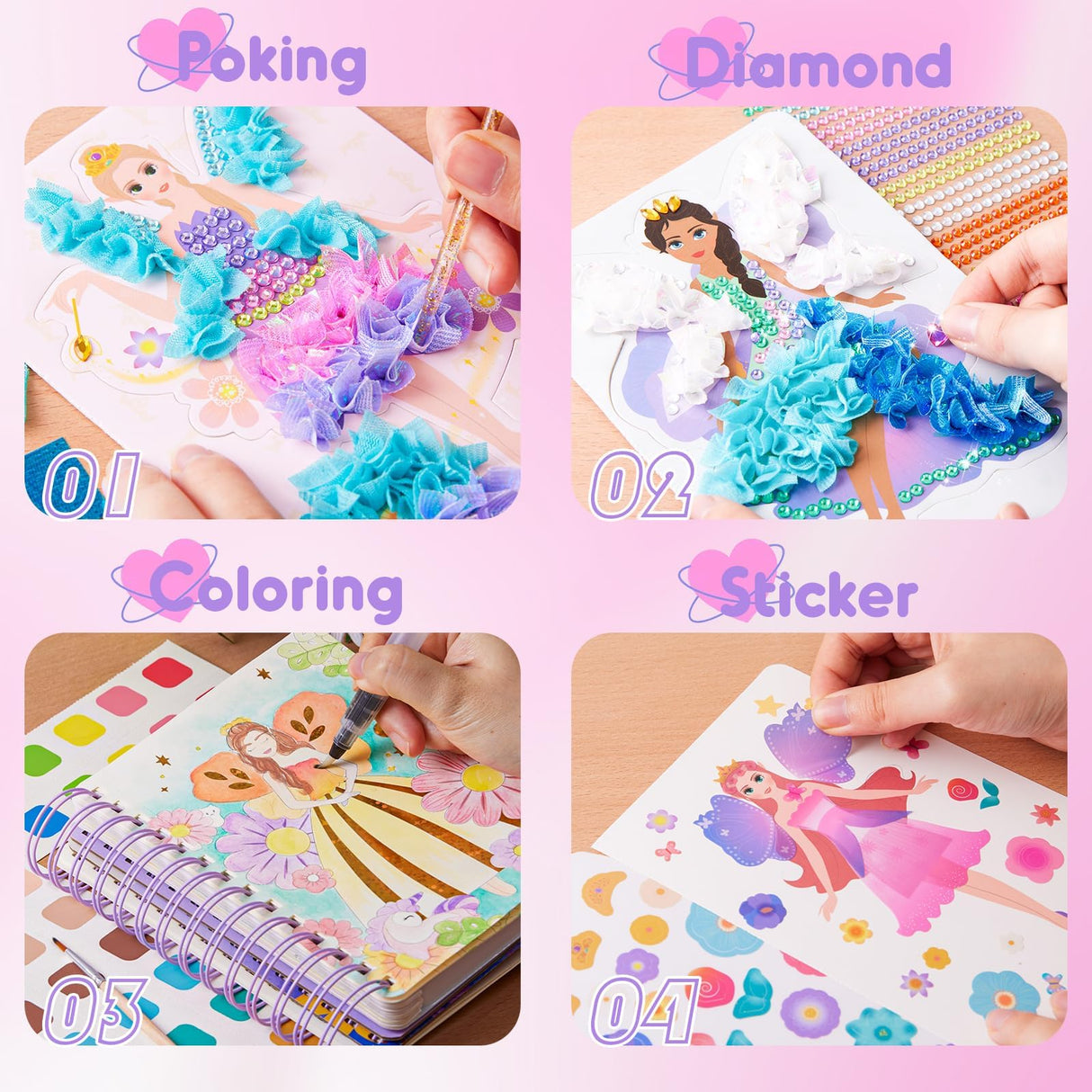 MIROLA KIDS 4 in 1 Poke Craft Kits for Girls, Magic Princess Crafts for Kids Ages 4-8, DIY Activity with Princess Stickers, Watercolor Paint, Diamond Art Gifts for 4 5 6 7 8+ Year Old Girls MIROLA KIDS