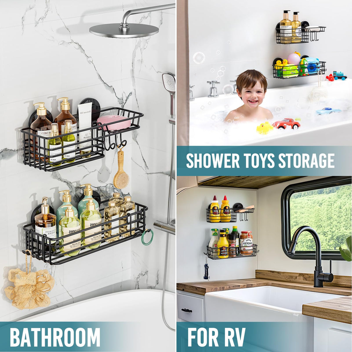 TAILI Shower Caddy Suction Cup 2 Pack with Hooks & Soap holder, Heavy Duty Shower Organizer for Bathroom, No Drilling Bathroom Organizer with Large Capacity, Black Metal Storage Basket TAILI