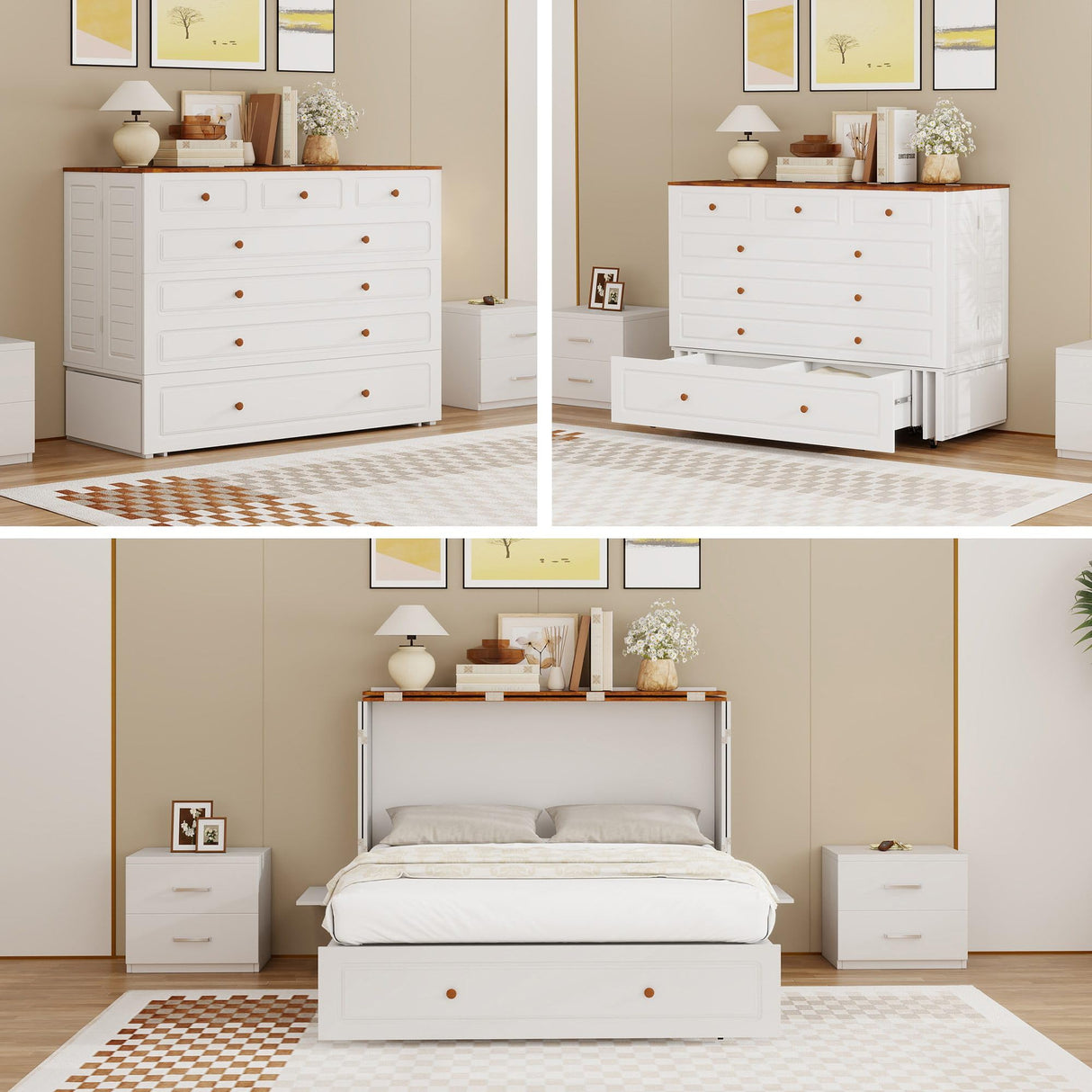 Tafeumob Murphy Bed Queen Size: Murphy Bed Cabinet with Drawer Space-Saving with Shelves&Charging Station for Bedroom, Multipurpose Area, Guest Room, Apartment White (Mattress not Included) Tafeumob