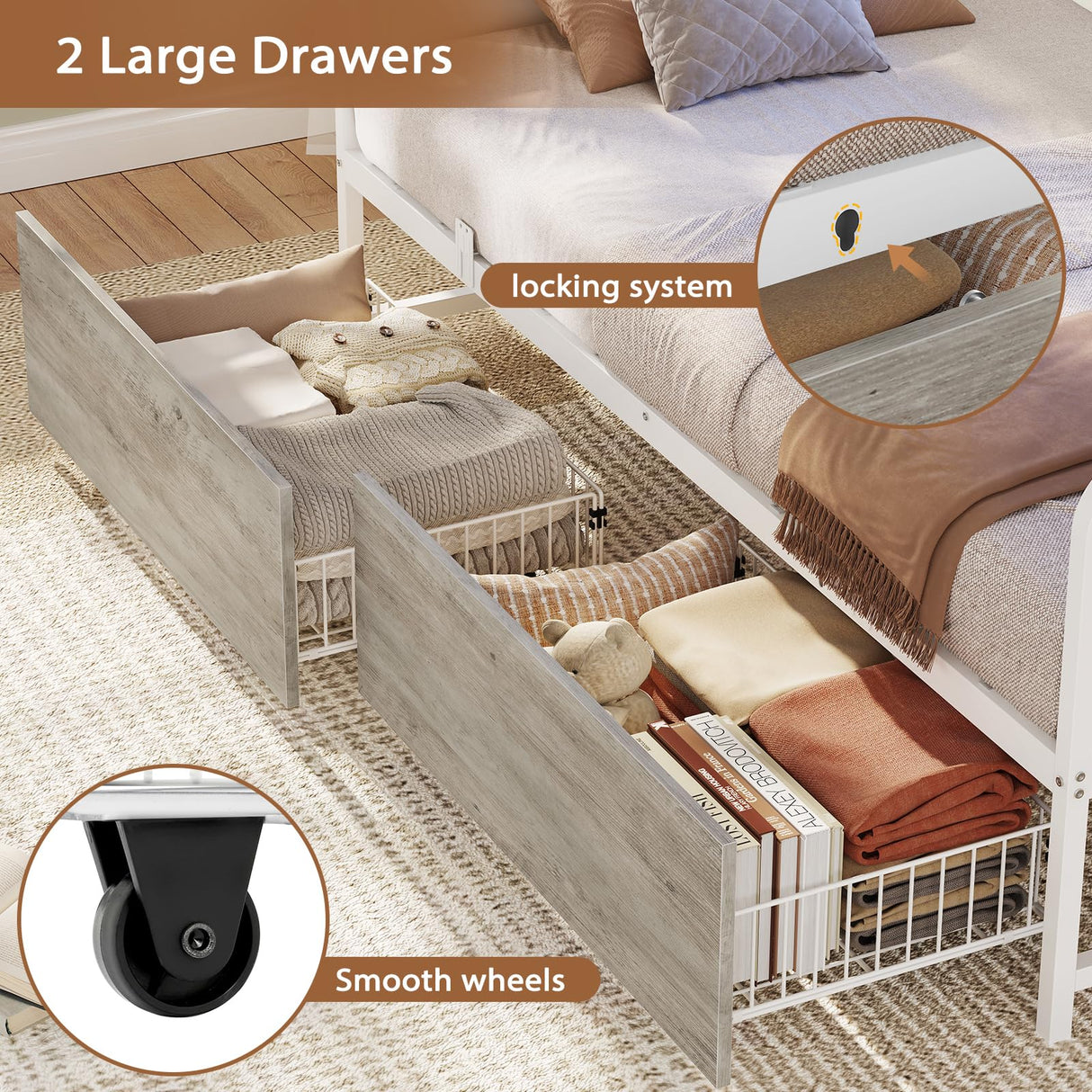 VIAGDO Daybed Twin Size with 2 Storage Drawers and Charging Station, Metal Day Bed Frame Twin with Shelf Headboard and LED Lights, Twin Corner Bed Frame for Living Room, Bedroom, Guest Room, White VIAGDO