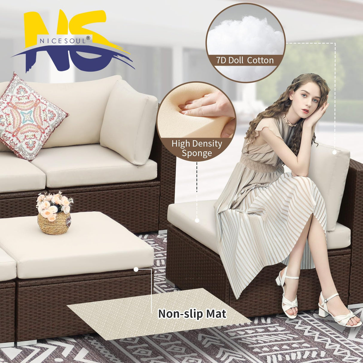 NICESOUL® 8 Pieces Plus Size High Back Brown Wicker Outdoor Furniture PE Rattan Patio Sectional Sofa Sets Sectionals Outdoor Backyard Conversation Sets Beige Cushions NICESOUL