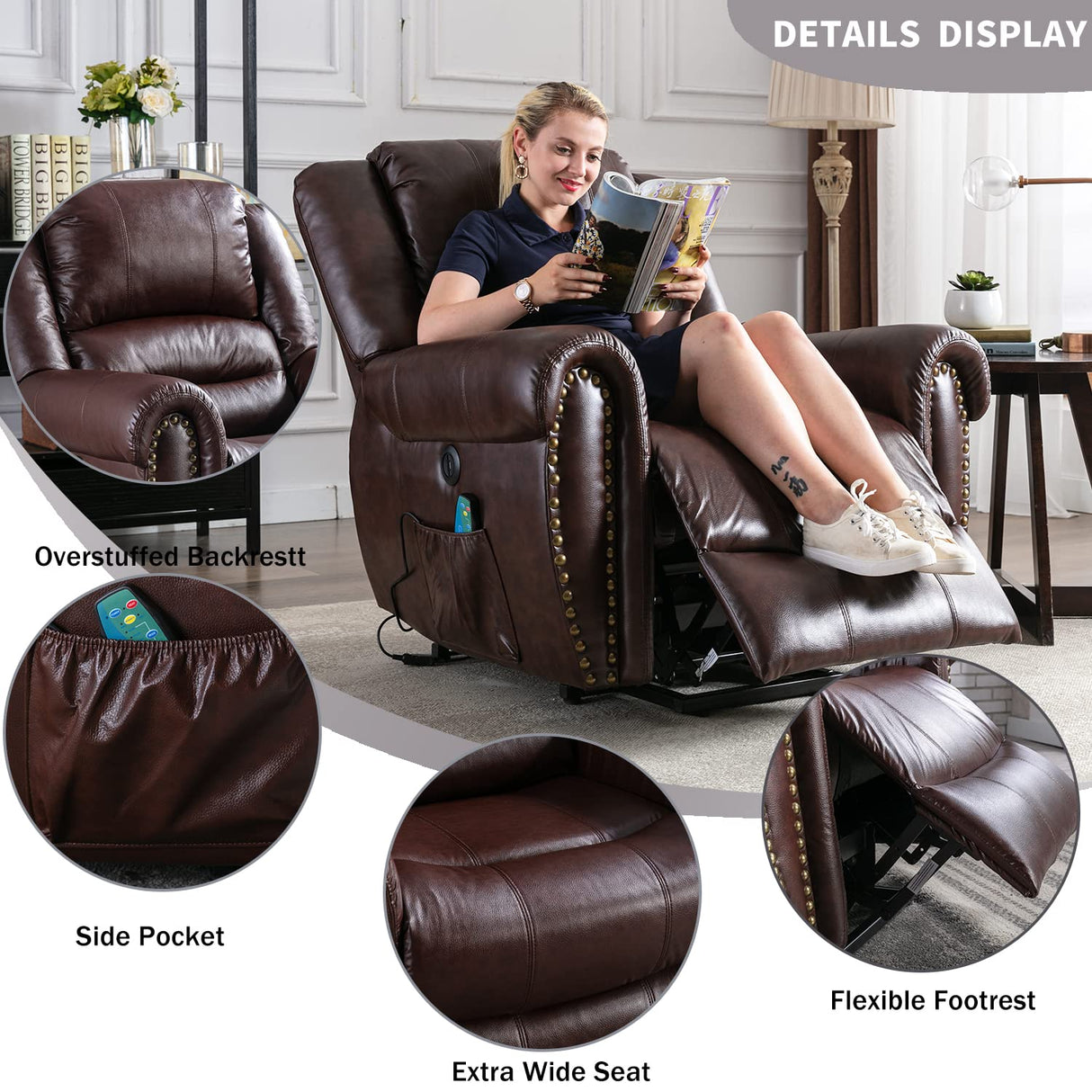 ANJ Large Power Lift Recliner Chairs with Massage and Heat, Faux Leather Electric Lift Chairs for Elderly People, Recliners for Big and Tall Man, Single Lounge Sofa with USB Port (Red Brown) ANJ