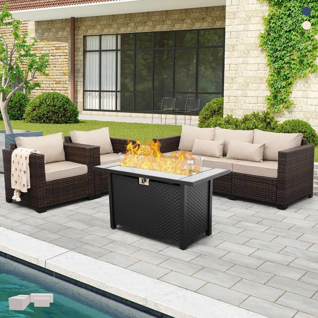 4 Pieces Outdoor Patio Furniture Set 43 in Outdoor Fire Pits Wicker Outdoor Furniture Chairs and Sofa 60000 BTU Outdoor Propane Fire Pit Table Non-Slip Cushions and Waterproof Covers, Khaki Oasishine