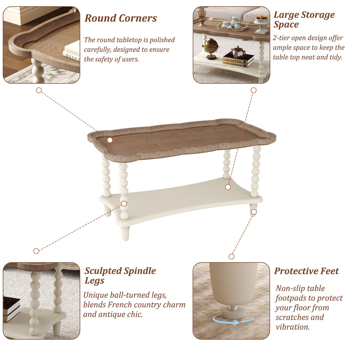 Function Home Farmhouse Coffee Table, Rustic White French Country Center Table with Storage Shelf, Wood Coffee Tables for Living Room Dining Room, Natural Tray Top and Vintage White Spindle Legs Function Home
