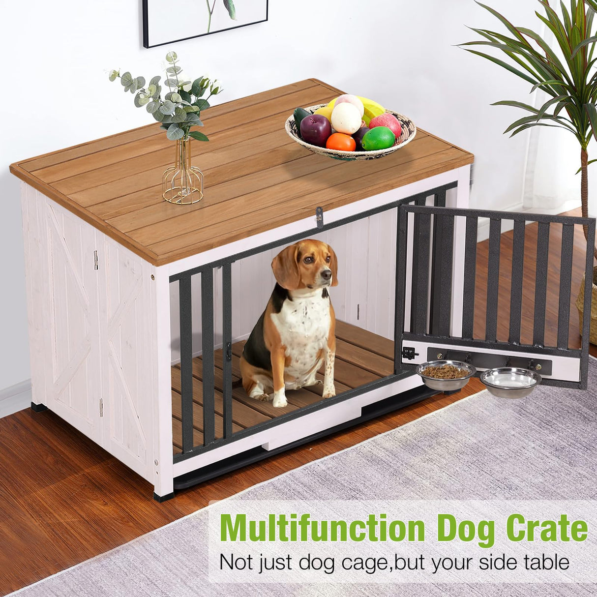 GUTINNEEN Dog Crate Furniture Foldable Dog Kennel for Small Medium Dogs Large Solid Wood Dog House with Bowl Heavy Duty Dog Cage End Table GUTINNEEN