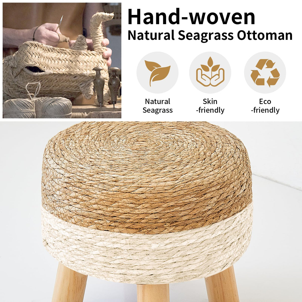 ALeesing Round Ottoman, Natural Seagrass Footstool with 4 Wood Legs, Multifunctional Modern Dressing Stool and Sofa Side Table for Bedroom (White) ALeesing