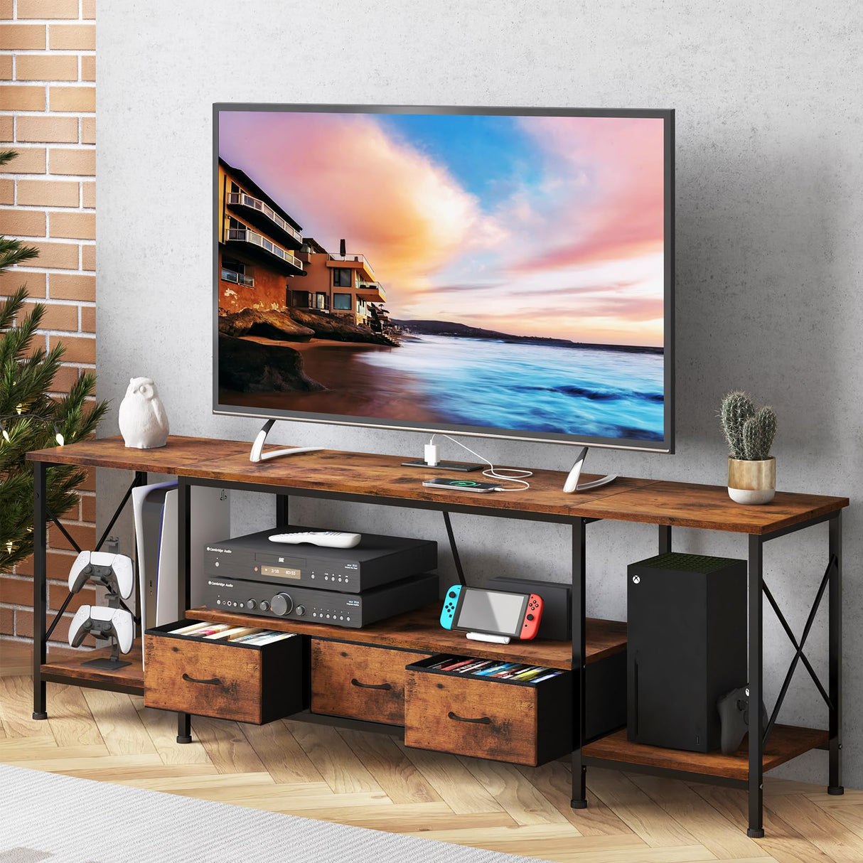 Fixwal TV Stand for 65 60 70 Inch TV with Power Outlets, Entertainment Center with Fabric Drawers, TV Console Table with Metal Frame Storage Shelves for Living Room, Bedroom - 63" Rustic Brown Fixwal