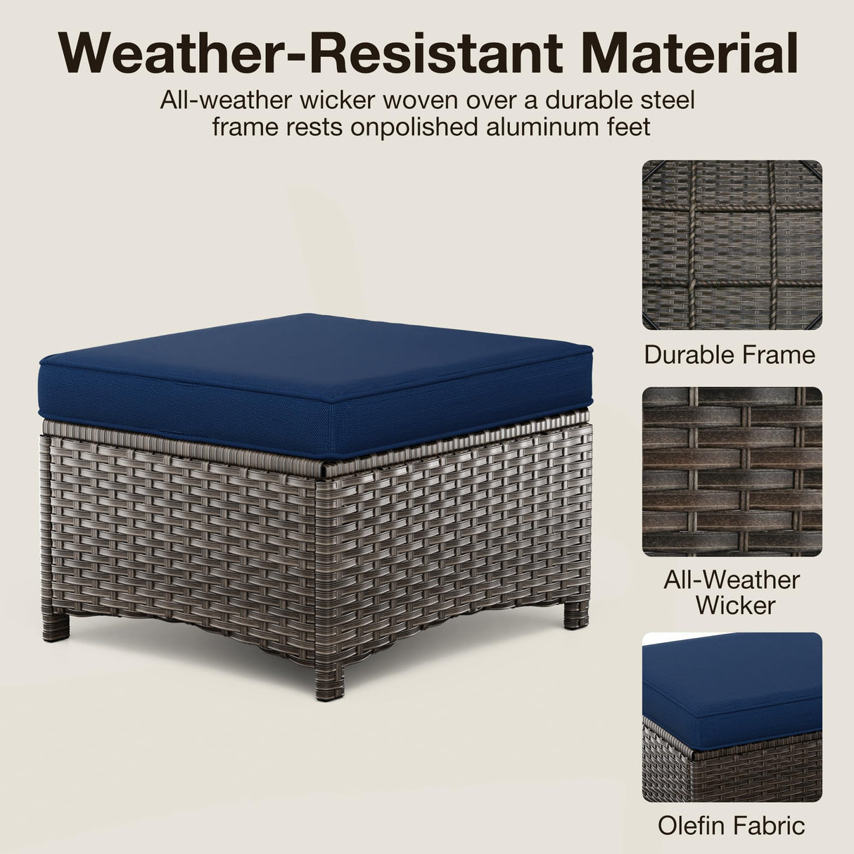 Joyside Outdoor Ottomans for Patio Set of 2 PE Wicker Steel Frame Outdoor Footstool with Removable Olefin Cushions for Garden, Patio, Backyard and Deck, Blue Joyside