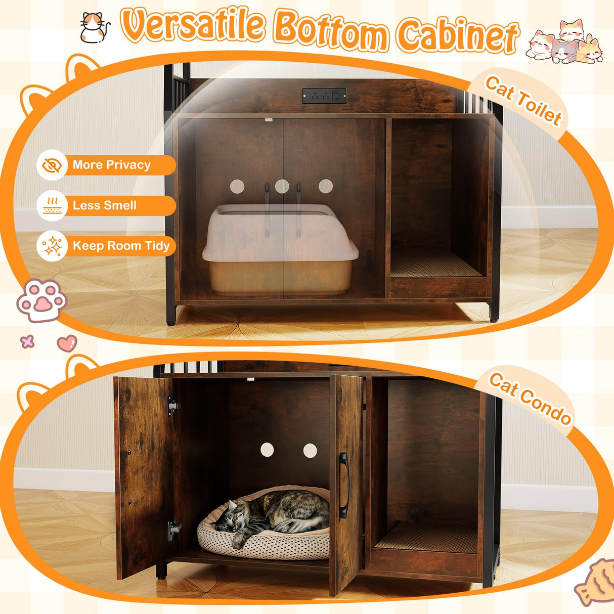 Tangkula Litter Box Enclosure with Shelves, Hidden Cat Washroom Cabinet with Charging Station, Winding Entry & Scratching Board, Versatile Litter Box Furniture (Rustic Brown) Tangkula