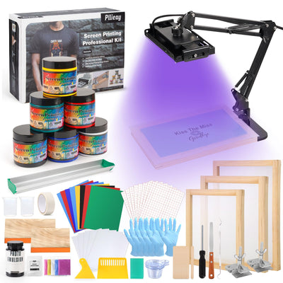 Pllieay 32 Pieces Screen Printing Kit, All-in-One Silk Screen Printing Kit, Screen Printing Supplies Includes UV LED Exposure Screen Printing Light for Screen Printing