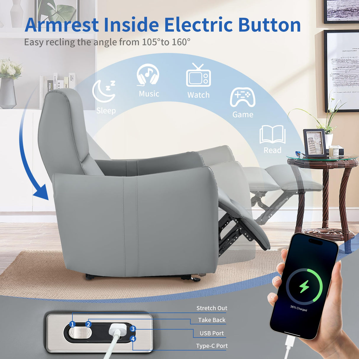 QKFF Wall Hugger Power Recliner Chair, Zero Wall Electric Recliner Chairs with USB Port, Space Saving Large Recliner for Living Room, RV, Home Theater QKFF