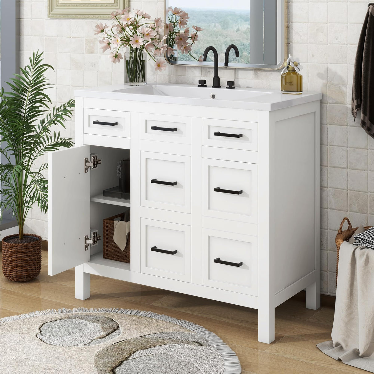 Harper & Bright Designs 36" Bathroom Vanity with Sink, Free Standing Single Basin Vanity Set with 2 Doors & 4 Drawers, Modern Wooden Bathroom Cabinet with Resin Basin for Bathroom, White Harper & Bright Designs