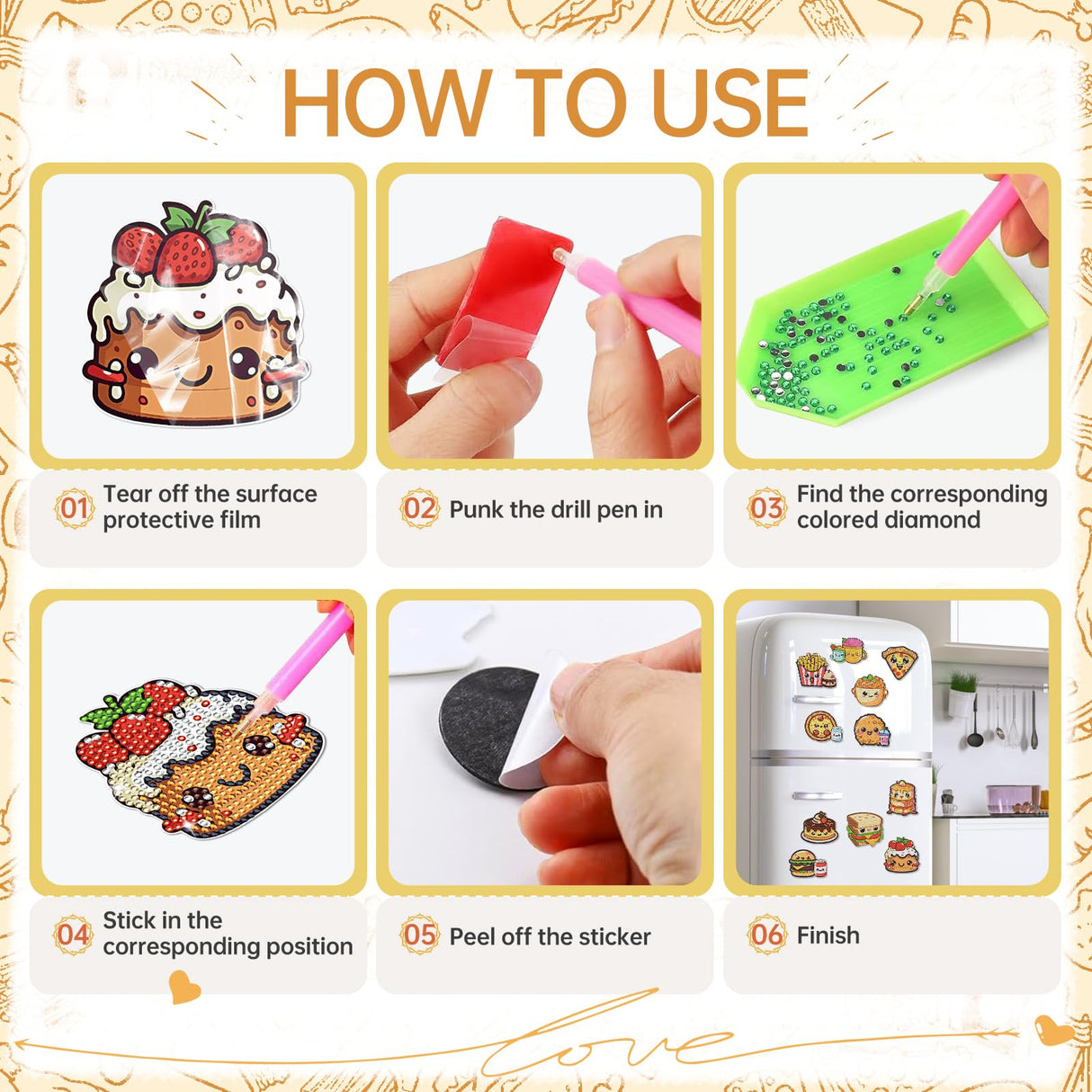 INCOK Refrigerator Diamond Art Magnets - 12 PCS DIY Diamond Painting Fridge Magnets with Cute Hamburg Fries Pizza Popcorn Sandwich Cake Pattern Fast Food Home Decors Birthday Gift for Adults Beginners INCOK