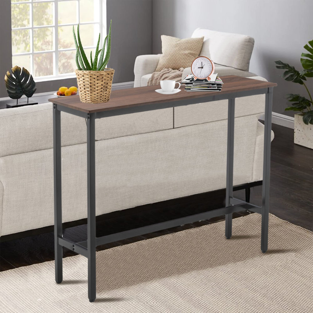 Awonde Rectangle Bar Table 41" Bar Height Pub Table Industrial Table for Kitchen Dining Room Living Room Entryway Sofa Console Table with Brown Wood Top Black Matel Frame Awonde