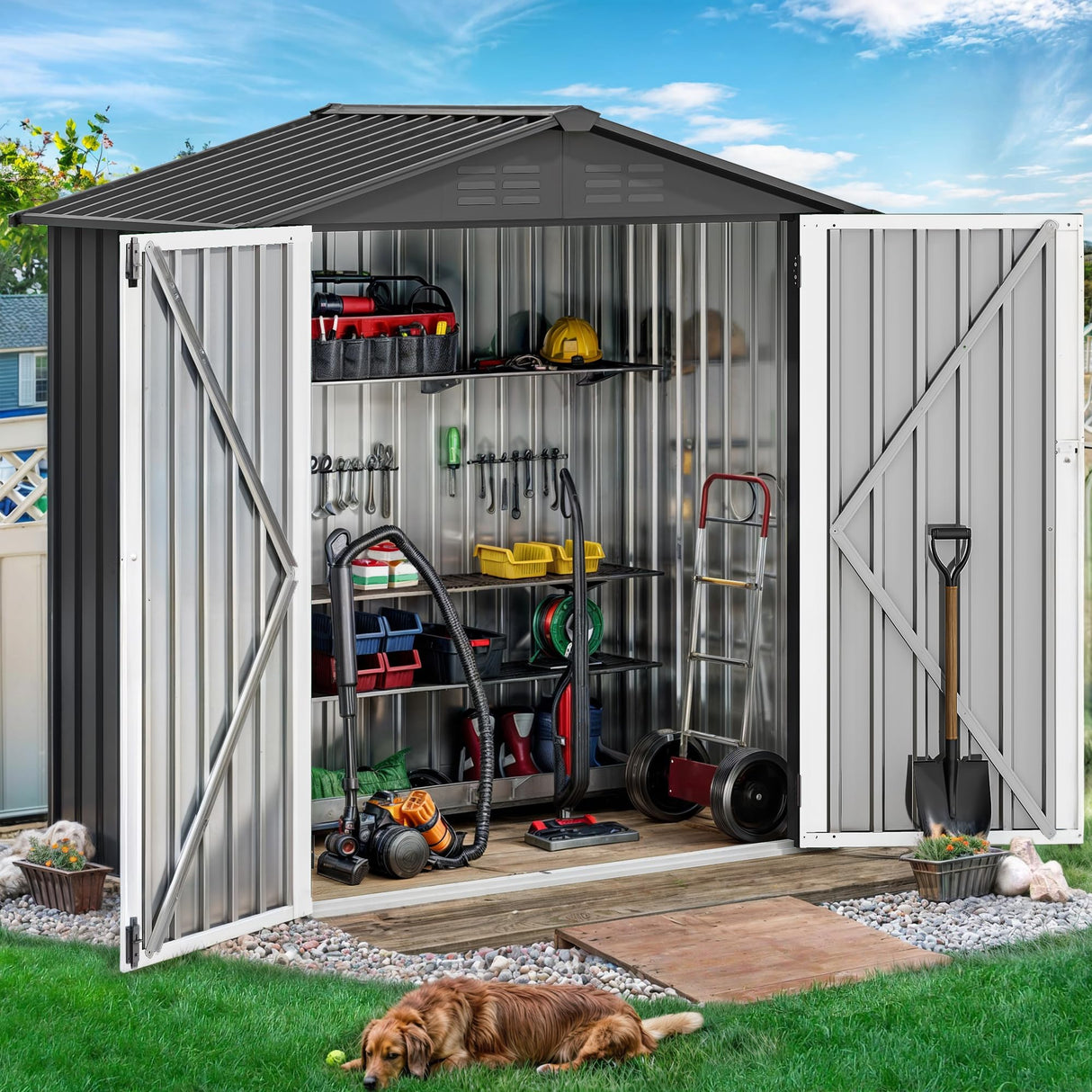 DWVO 6' x 4' Outdoor Storage Shed, Large Metal Tool Sheds, Heavy Duty Storage House with Lockable Doors & Air Vent for Backyard Patio Lawn to Store Bikes, Tools, Lawnmowers,Dark Gray DWVO