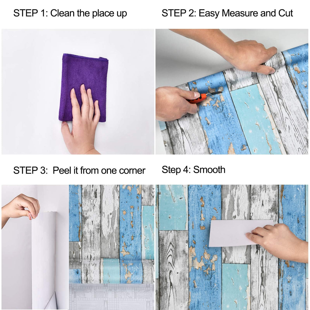 Caltero Wood Plank Wallpaper 17.7" × 236" Blue Distressed Wood Wallpaper Peel and Stick Wood Grain Contact Paper Vintage for Furniture Bedroom Countertop Cabinet Caltero