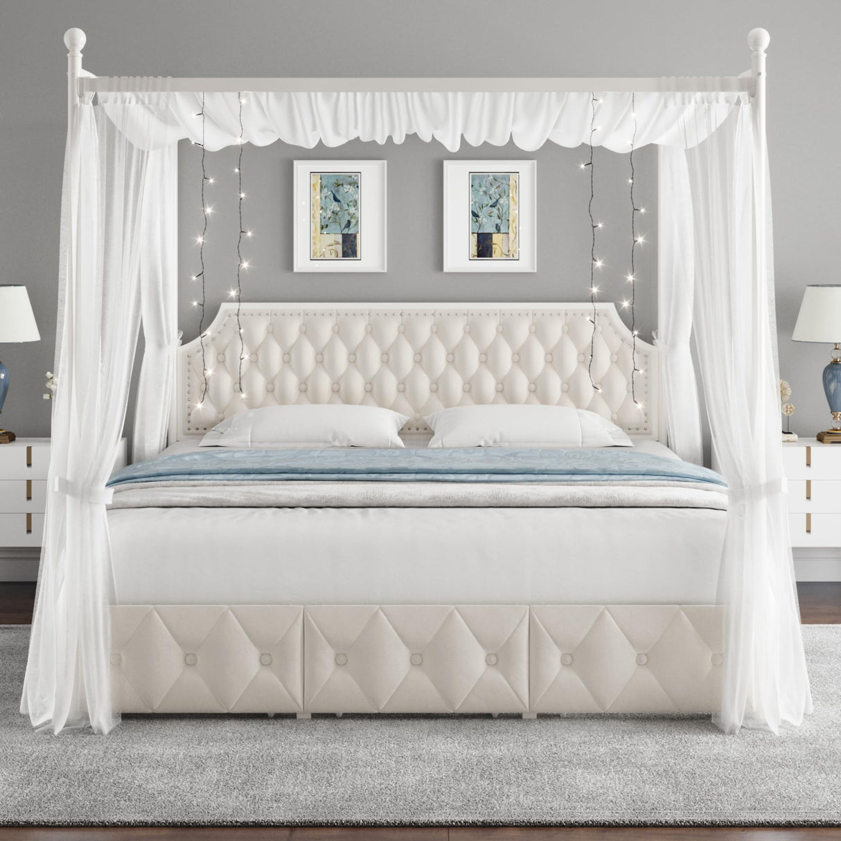 Keyluv King Upholstered Canopy Bed Frame with 3 Drawers and Button Tufted Headboard, Metal Platform Bed with 4 Removable Posts, Two-Purpose Velvet Bed No Box Spring Needed, Beige/Curtains Not Included Keyluv