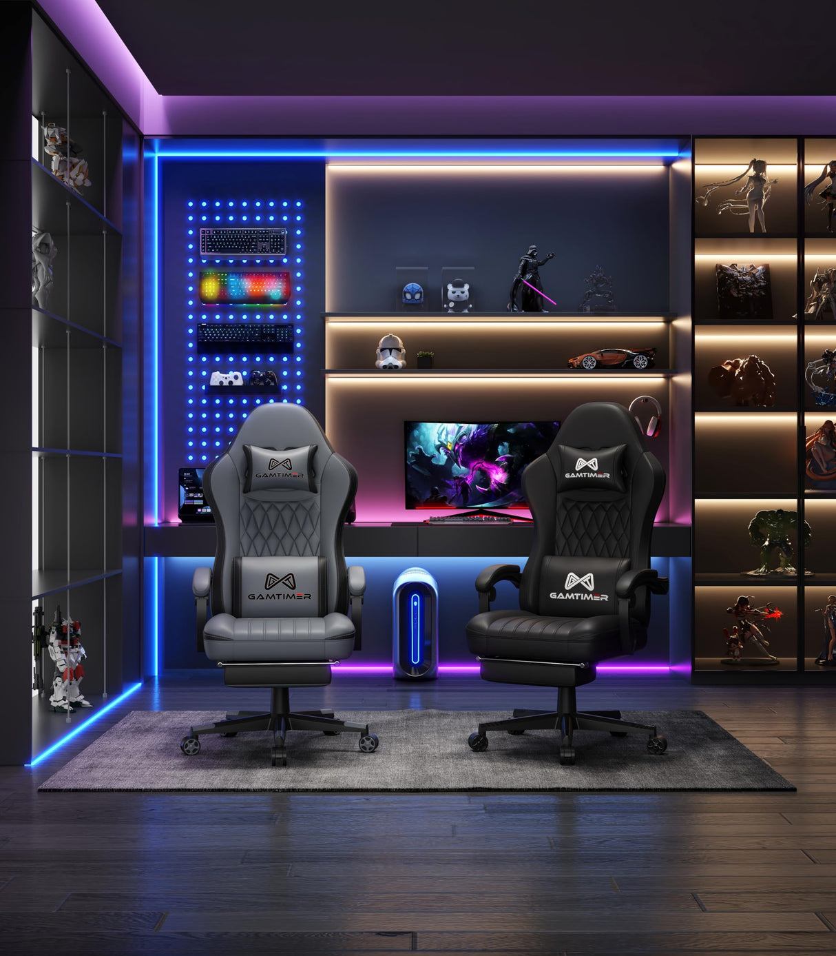 Gaming Chair with Footrest, Ergonomic Computer Chair, PU Breathable Material with Headrest and Lumbar Support, Suitable for Silla Gamer and Adults (Grey) Gamtimer