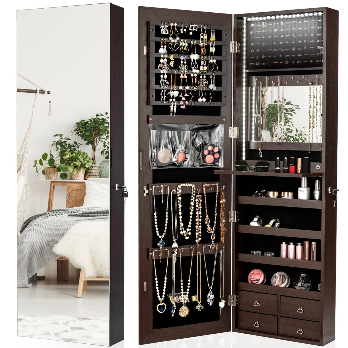 CHARMAID LED Strip Jewelry Armoire with 47.2" H Full Length Mirror, Wall/Door Mounted Jewelry Organizer with Built-in Mirror, Flip-over Cosmetic Tray, 4 Drawers, Large Storage Jewelry Cabinet (Coffee) CHARMAID