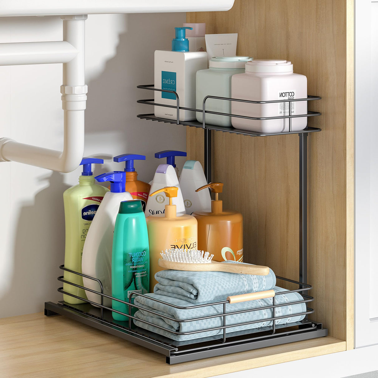 LAMU Under Sink Organizers and Storage, 2 Tier Bathroom Kitchen Cabinet Organizers, Pull Out Under Sink Storage Kitchen Shelf Organizer for Under Counter Storage LAMU