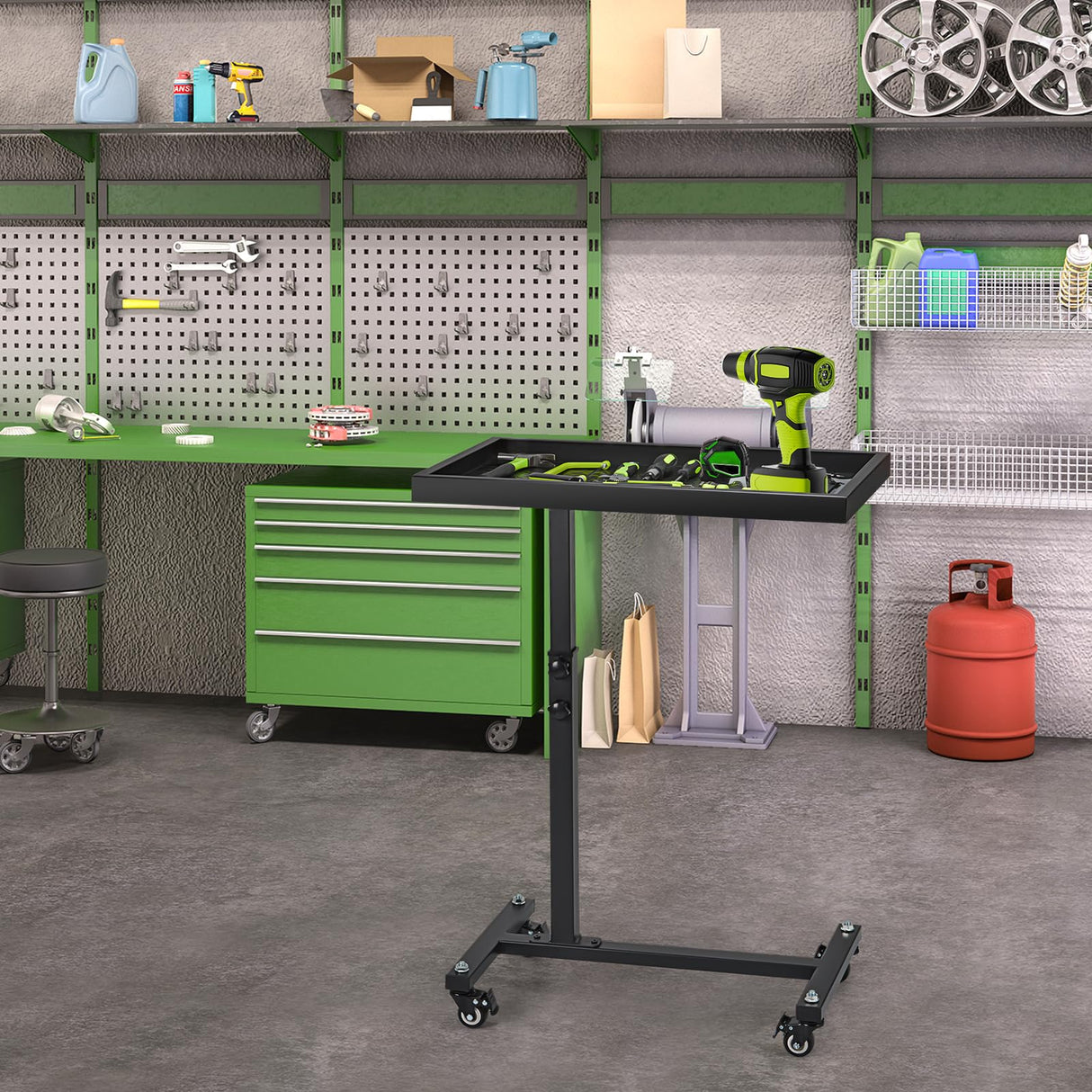 OLBRUS Adjustable Work Table with Wheels, Mechanic Rolling Tool Tray Table for Garage Repair Shops DIY, 220LBS Capacity Mobile Heavy Duty Steel Tool Cart OLBRUS