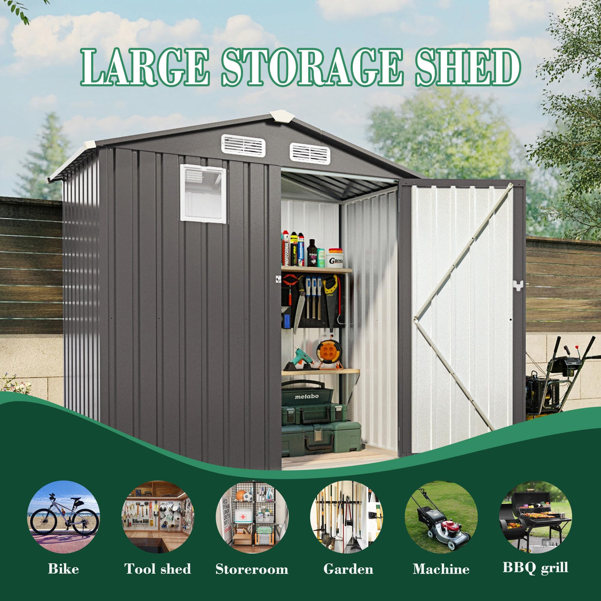 Vigo huseeo 6x3.6FT Outdoor Storage Shed, Galvanized Steel Garden Shed with Lockable Door & Window, Waterproof Metal Tool Storage for Garden, Backyard, Patio, Lawn(Peak Roof) Vigo huseeo
