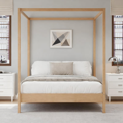 JIJIWANG Solid Wood Queen Size Canopy Bed Frame Four Poster Platform Bed with Slats Support,Wood Canopy Bed Queen 4 Poster Ded Frame No Box Spring Needed,Natural