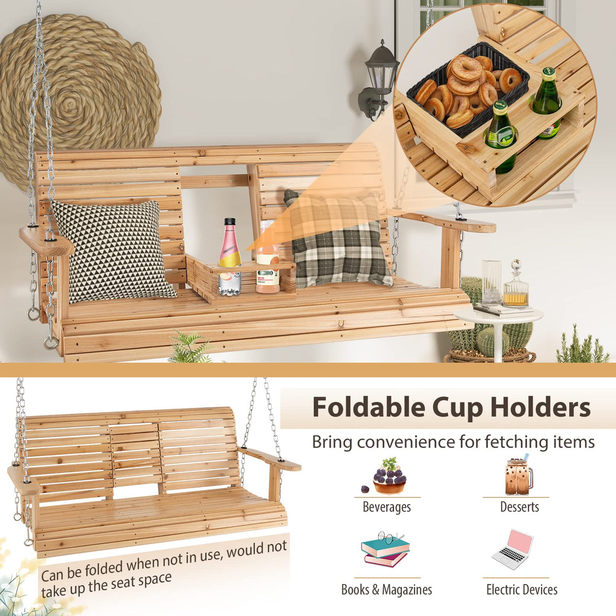 Tangkula 2 Person Hanging Porch Swing, Outdoor Bench Swing with Adjustable Chains, Foldable Cup Holders, High Back, Cozy Armrests, Wooden Hanging Swing Chair for Backyard Deck Garden Natural Tangkula