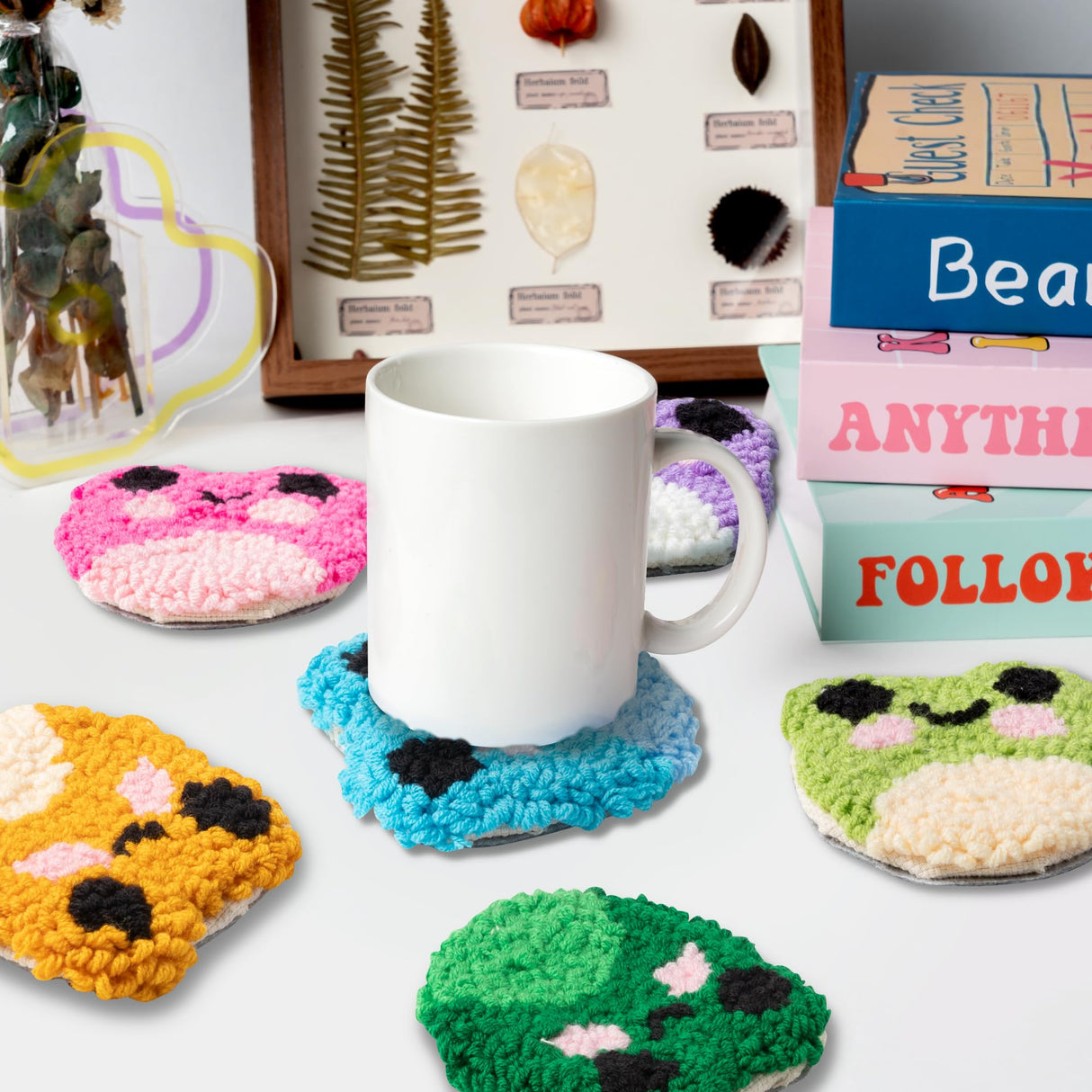 WATINC Frog Punch Needle Coaster Kit - 22Pcs Crafts Punch Needle Coasters Kits for Beginners, Frog Patterns Coaster Tufted Rug Pads with Adhesive Felt Yarns Embroidery Hoop Instruction WATINC