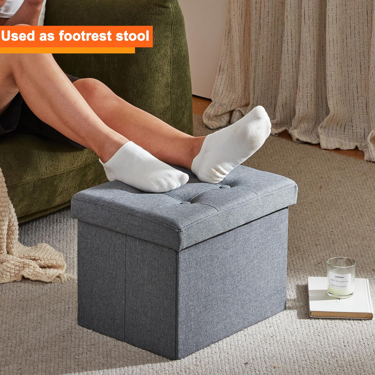 ALASDO Ottoman Storage Ottoman Footrest Stool Small Ottoman with Storage Foldable Ottoman Foot Rest Footstool Bench for Living Room 17x13x13inches Grey ALASDO