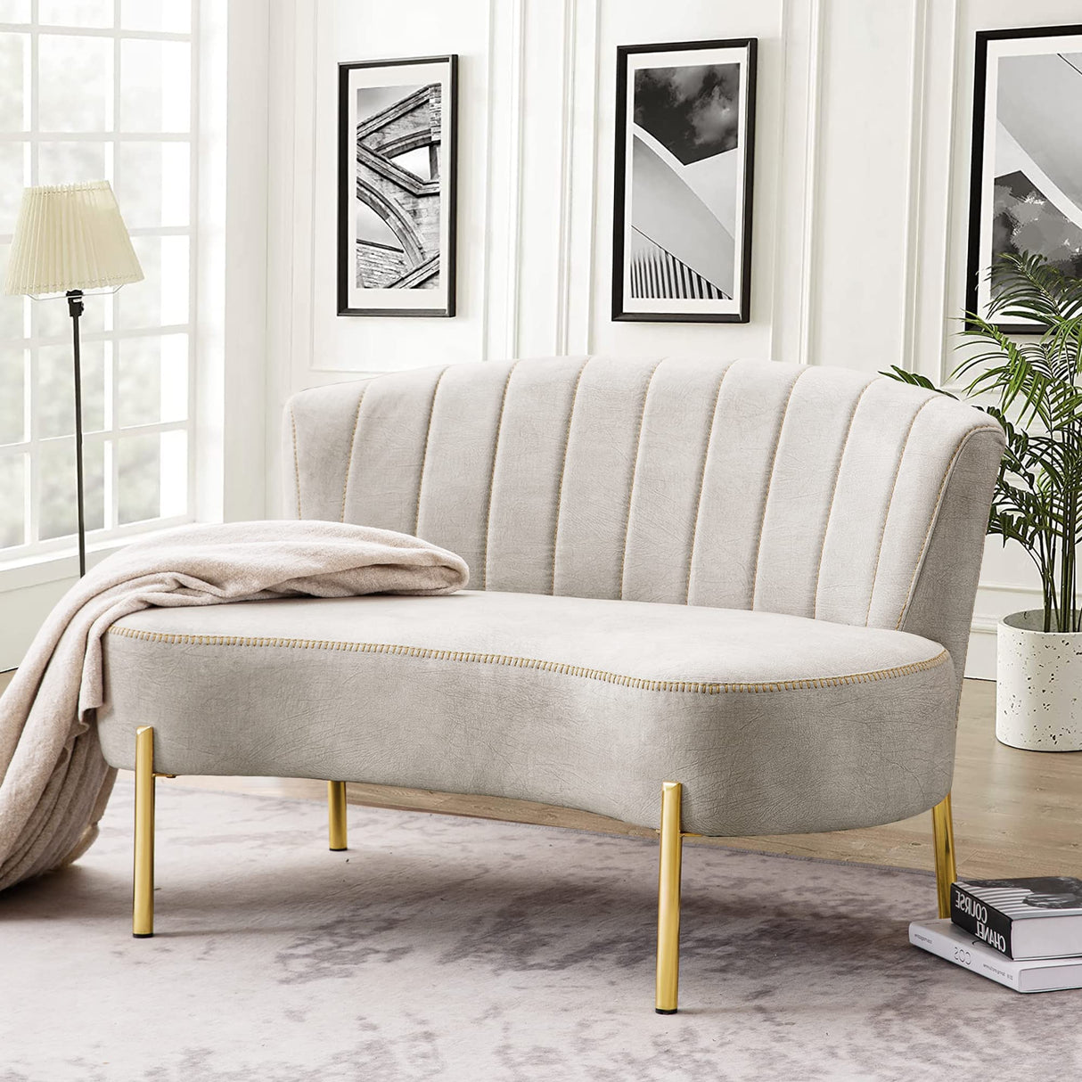 annjoe Loveseat Settee Upholstered Sofa Couch Banquette Bench Ottoman with Backrest and Golden Metal Legs for Dining Room Living Room Bedroom Funiture annjoe