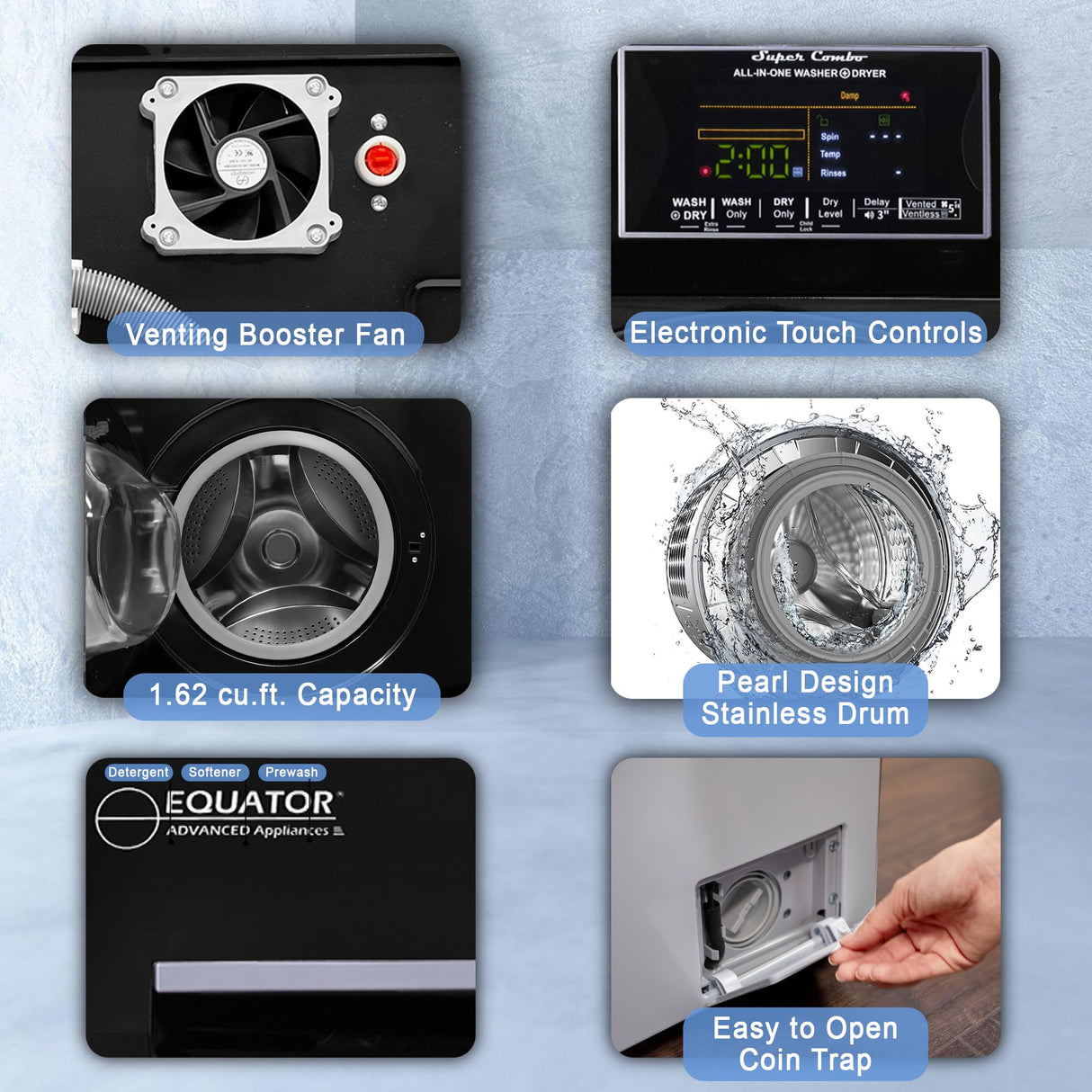 Equator All-in-One Washer Dryer VENTED-DRY 30% FASTER than Condense 15lb 110V in Black Equator Advanced Appliances