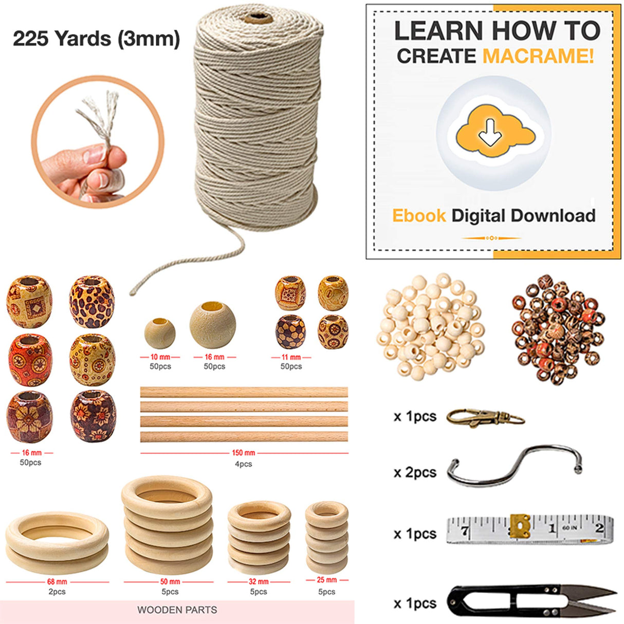 Macrame Kit - 227pc Wall Hanging and Plant Hanger Supplies, 225y Cord 3mm, Beads, Wood Dowels, Rings, E-Book - DIY Craft Starter Set for Adults and Beginners Tephran