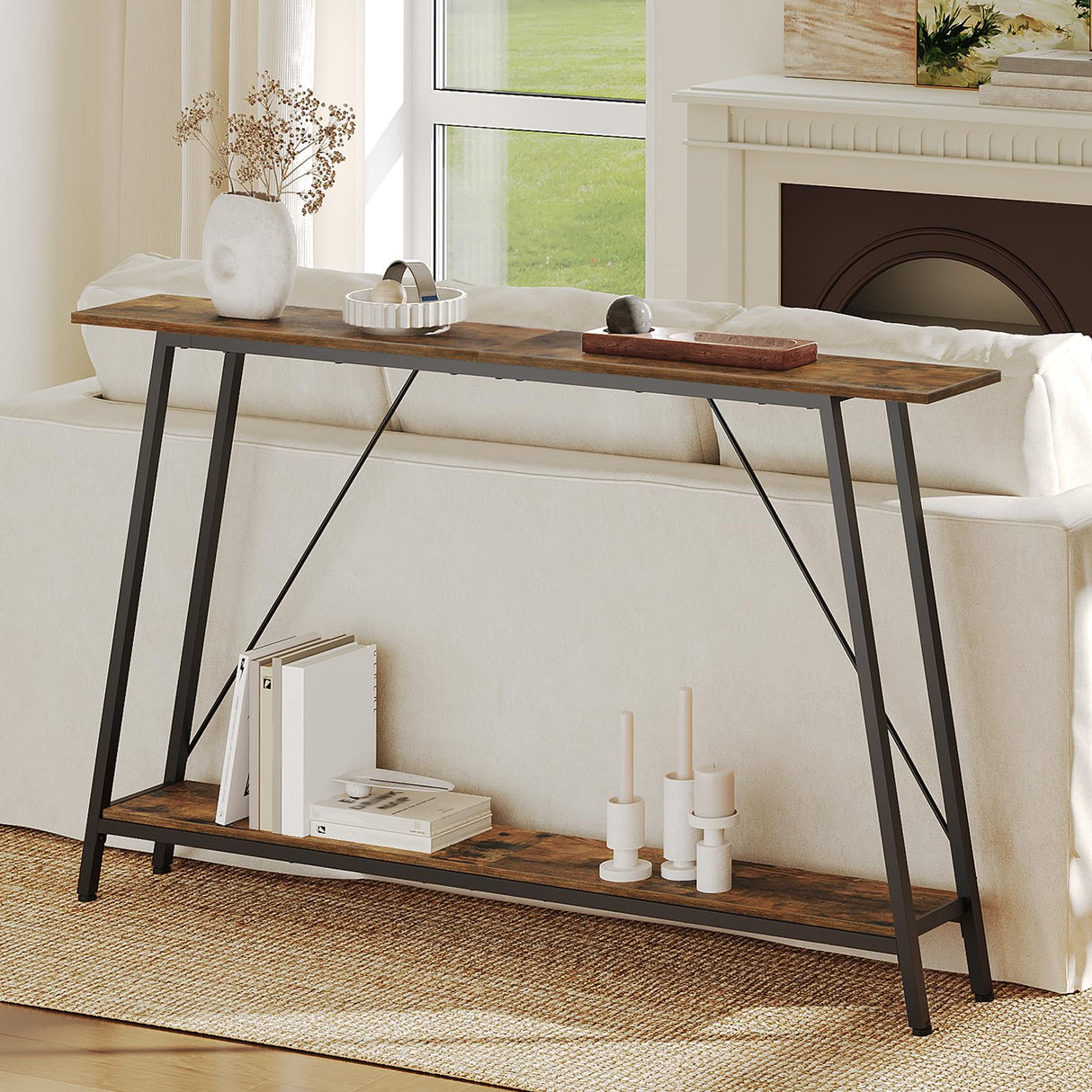 YATINEY 55" Narrow Console Table, Long Skinny Sofa Tables, Industrial Entryway Table, Behind Couch Table Skinny, 2-Layer Hallway Table for Entryway, Living Room, Foyer, Rustic Brown and Black CT14BR YATINEY
