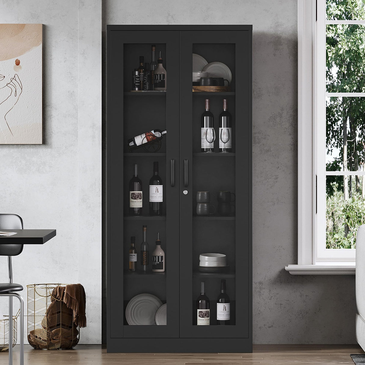 LISSIMO Glass Display Cabinet with 4 Adjustable Shelves, 71" Tall Curio Cabine with Tempered Glass Door, Liquor Cabinet with Lock, 5-Tier Bookcase Storage Cabinet for Home, Study, Living Room (Black) LISSIMO