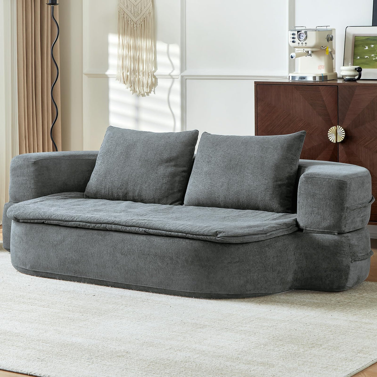 79" Convertible Sleeper Sofa Bed, Flodable Futon Chair Bed with Pillow & Blanket, Grey Boneless Sofa in Box, Lazy Floor Lounger Couches for Living Room, Compressed Couch in a Box, Velvet Fabric UKMTUET