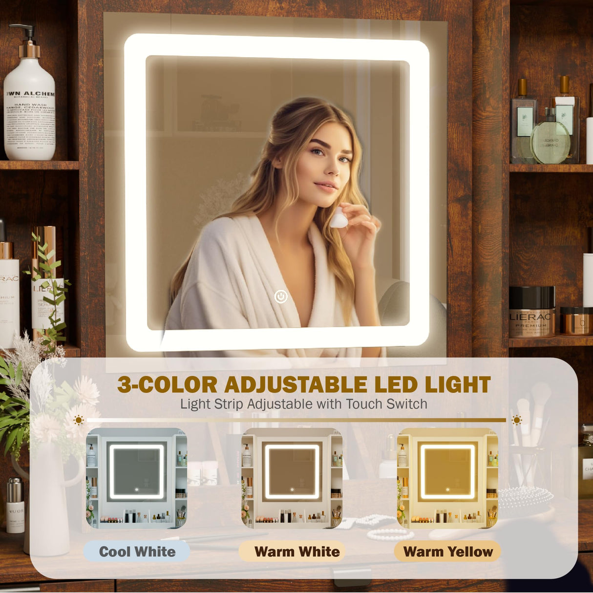 NEDYO Vanity with Mirror and Lights, Makeup Vanity Table Set, Dressing Table, Small Wood Vanity with Chair, Touch-Sensitive Dimmable Mirror, Shelves and Drawers. Industrial Style Vintage Brown NEDYO