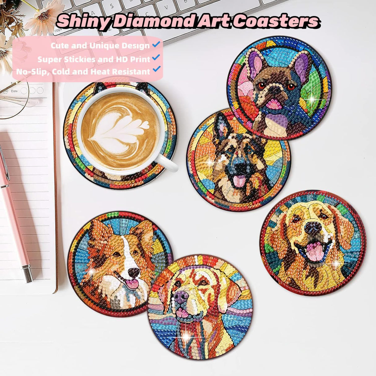Puraikcmi 6pcs Dogs DIY Diamond Art Painting Kits Coasters with Holder, Diamond Coasters by Number Adults Crafts Full Drill Round Mosaic Stitch Art Craft Supplies Puraikcmi