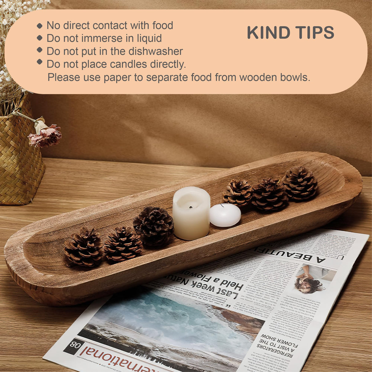 MOLADRI Wooden Dough Bowls Decorative,Unique Centerpiece Bowl, Rustic Long Wood Bowl with Hand Carved for Table Centerpiece Decor, Farmhouse Boho Rustic Style Home Decor (17 x 5 x 2 Inch Brown) MOLADRI