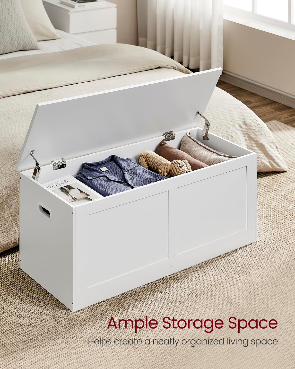 VASAGLE Storage Chest, Storage Trunk with 2 Safety Hinges, Storage Bench, Shoe Bench, Farmhouse Style, 15.7 x 39.4 x 18.3 Inches, for Entryway, Bedroom, Living Room, Cloud White ULSB164W01 VASAGLE