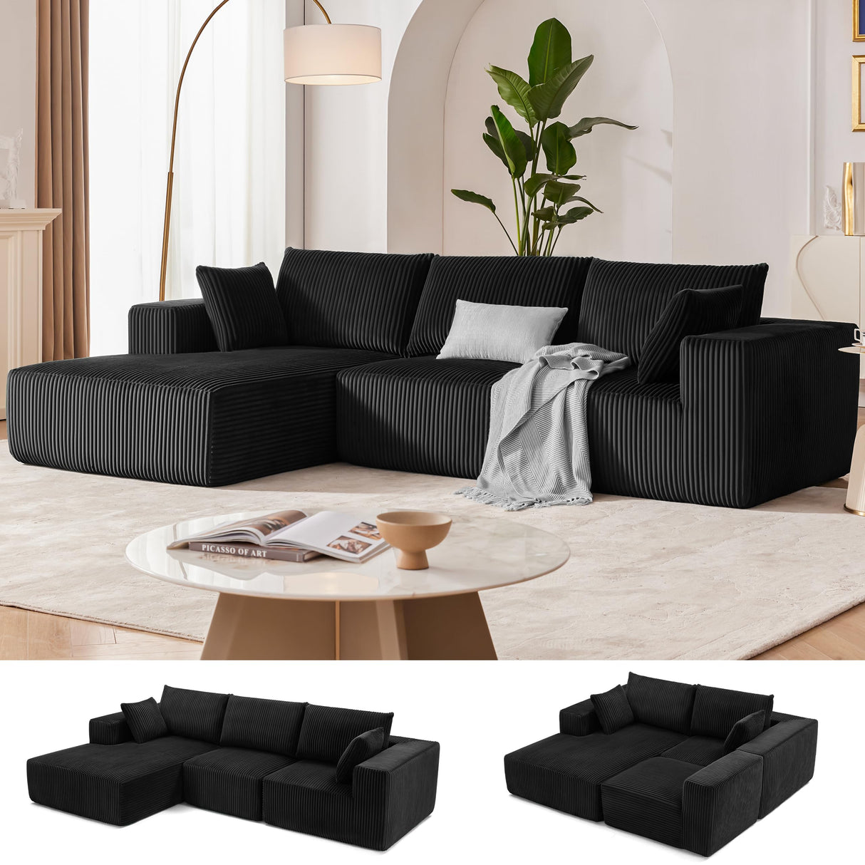 108” Modular Sectional Sofa, Cloud Sectional Couch with Deep Seat, Modern Modular L-Shape Sofa Couch with Chaise,Upholstered Couches for Living Room Bedroom (Black, Left Facing Chaise) Weture