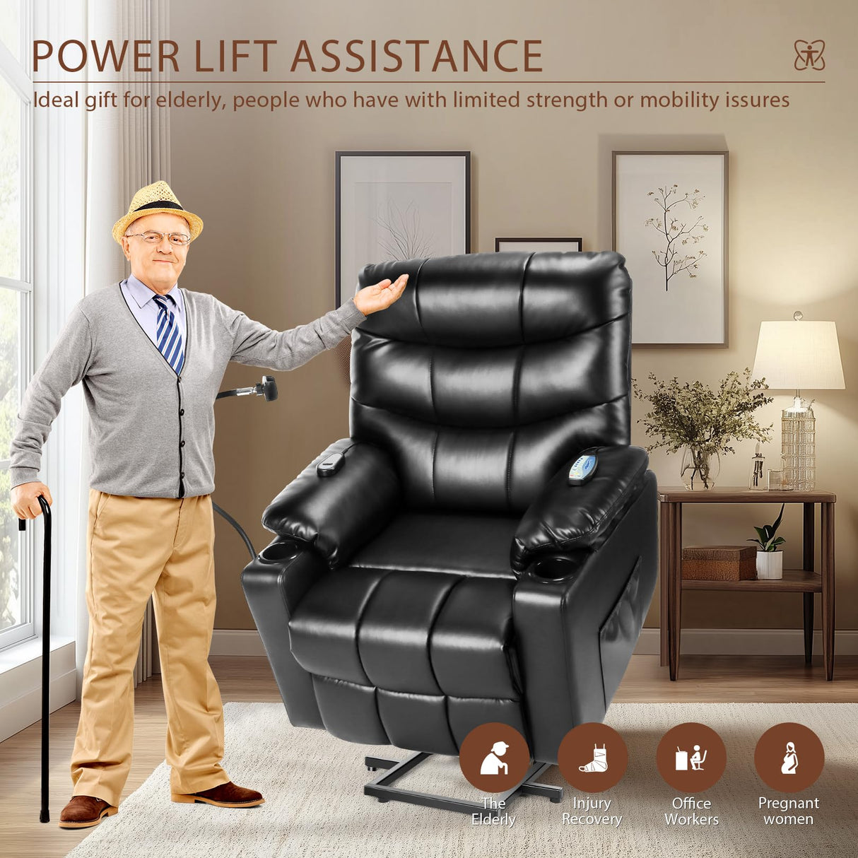 Himimi Power Lift Recliner Chair for Elderly, Adjustable Electric Recliner with 8-Point Vibration Massage, Lumbar Heating, Remote Control, Cup Holders, USB & Type-C Ports (Black) Himimi