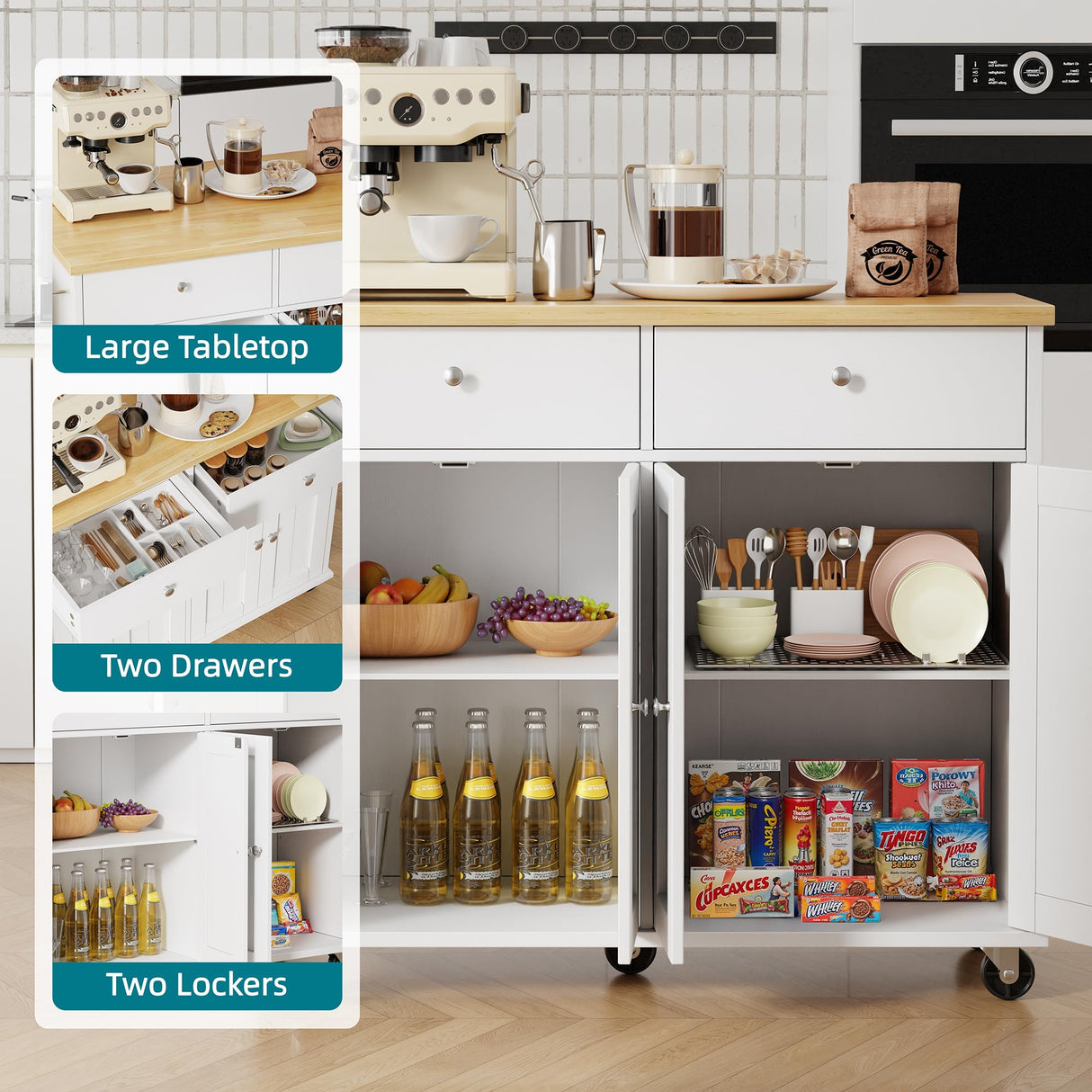 Shintenchi Kitchen Island with Drop Leaf, Rolling Kitchen Cart with Storage on Wheels, Table Bar Cart for Kitchen with Towel Rack & Seating Area for Dining Room, White Shintenchi