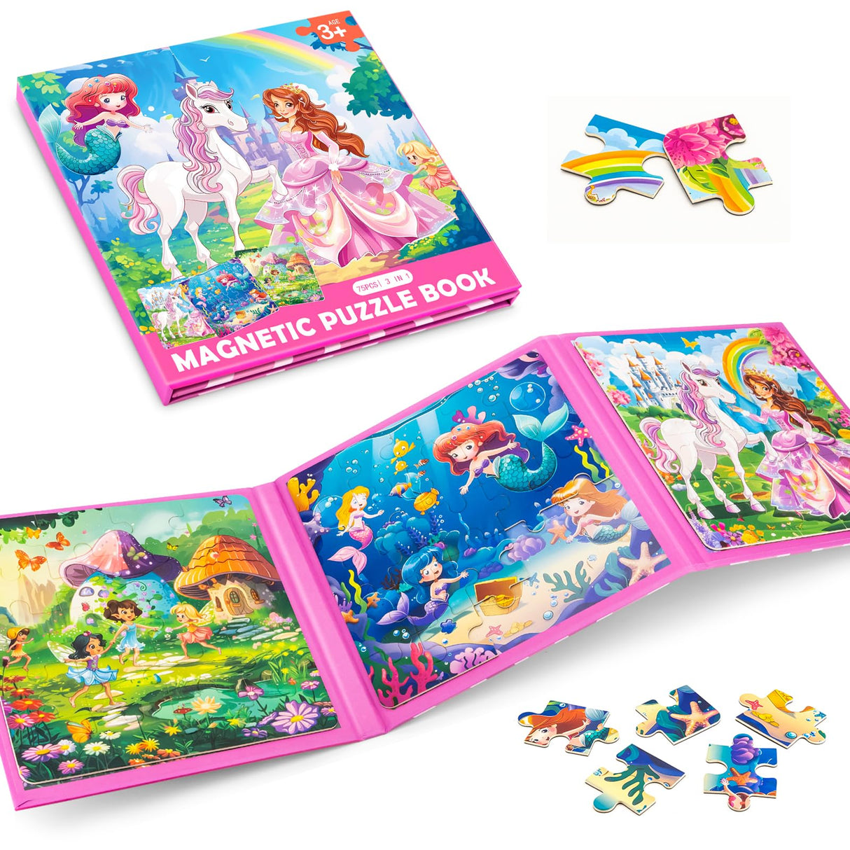 Princess Magnetic Mermaid Puzzles for Toddlers 3-5 Girls, 20-25-30 Pieces, Ages 4-6, Travel Entertainment Toys, Birthday Gifts Jeacirio