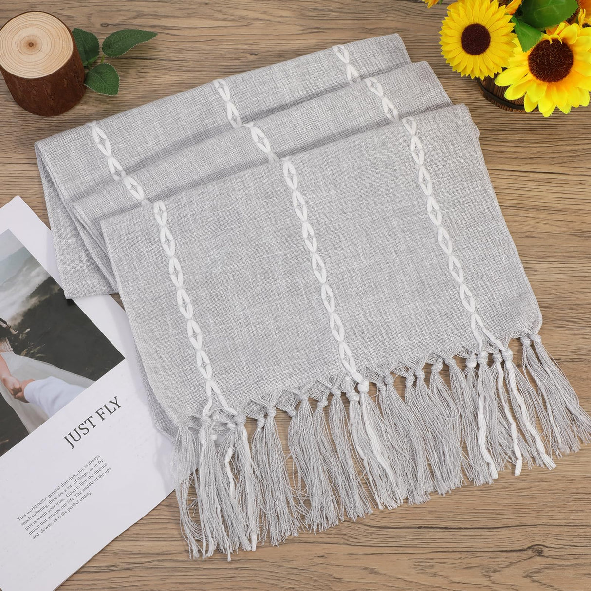 Boho Table Runner, Rustic Farmhouse Cotton and Linen Table Runner with Hand-Tassels, Elegant Kitchen Table Runner for Daily Dining Bedroom Decor and Event Holiday Party Decor 13×72 inches, Grey Vspek