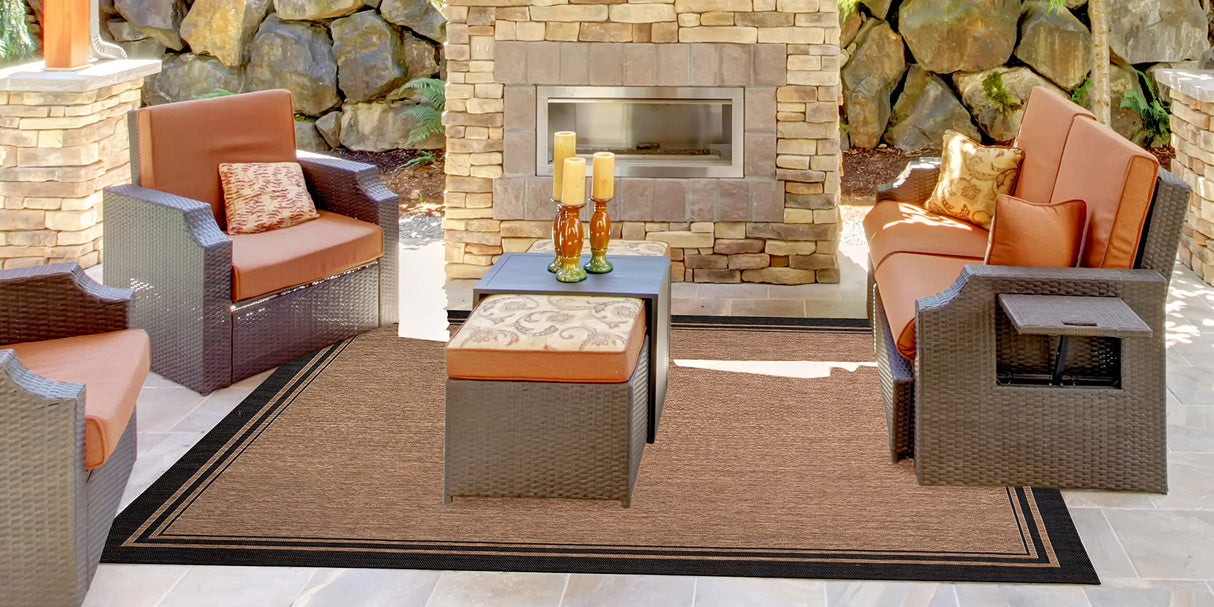 Gertmenian Indoor Outdoor Classic Flatweave Area Rug, Stain & UV Resistant Carpet, Deck, Patio, Poolside & Mudroom, 8x10 Ft Large, Border, Black Tan, 21515 Gertmenian