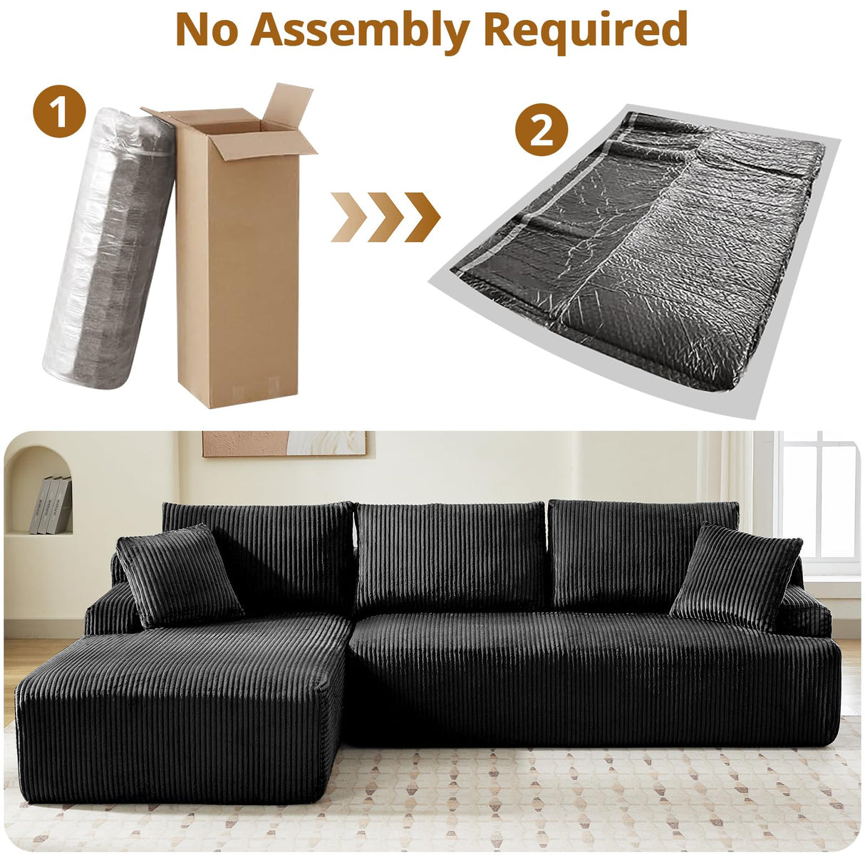 Cloud Couch with L-Shape Chaise 106 in Modern Sectional Modular Sofa with Deep Seat Corduroy Upholstered Boneless Couches for Living Room No Assembly Required Black GarveeLife