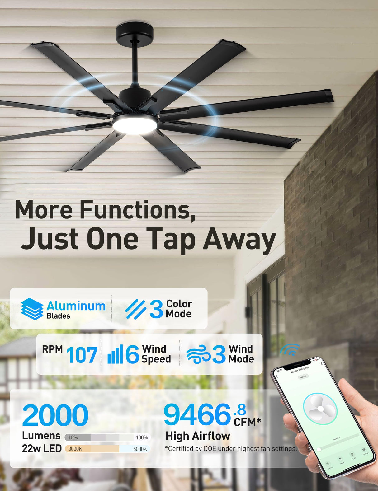 Maxslak 72 Inch Ceiling Fan with Light,Industrial Ceiling Fan with 8 Black Aluminium Blades,Smart Fan Works with Alexa,Garage Outdoor/Indoor Fan for Patio and Living Room Maxslak