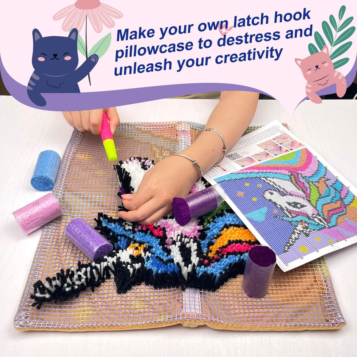 veirousa Butterfly Floral Latch Hook Kits for Adults Beginners DIY Crochet Pillow Kit Pre-Printed Pillowcase Hook and Latch Rug Kits Needlework Cushion Cover for Home Sofa Decoration 17x17 in. veirousa
